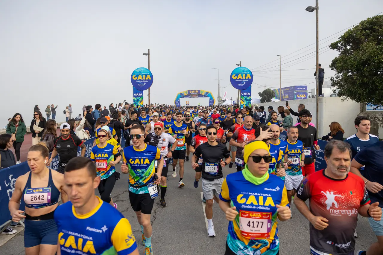 Corredores da Meia Maratona de Gaia 2026 a subir a marginal, com o pelotão a perder-se ao fundo e os balões da prova acima.