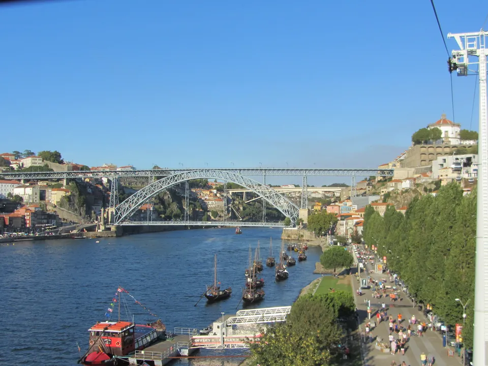 Vista a partir da cabine do teleférico de Gaia, sobre o Douro e a Ponte Dom Luís I.